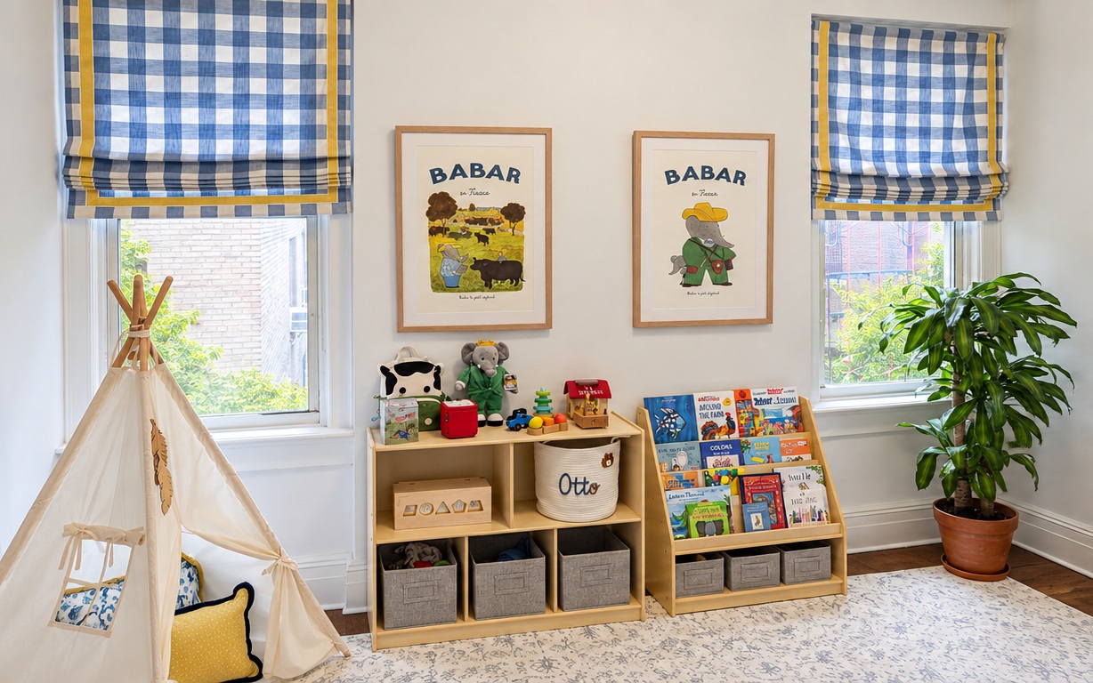 New York playroom with blue gingham Roman shades, yellow trim and Babar artwork
